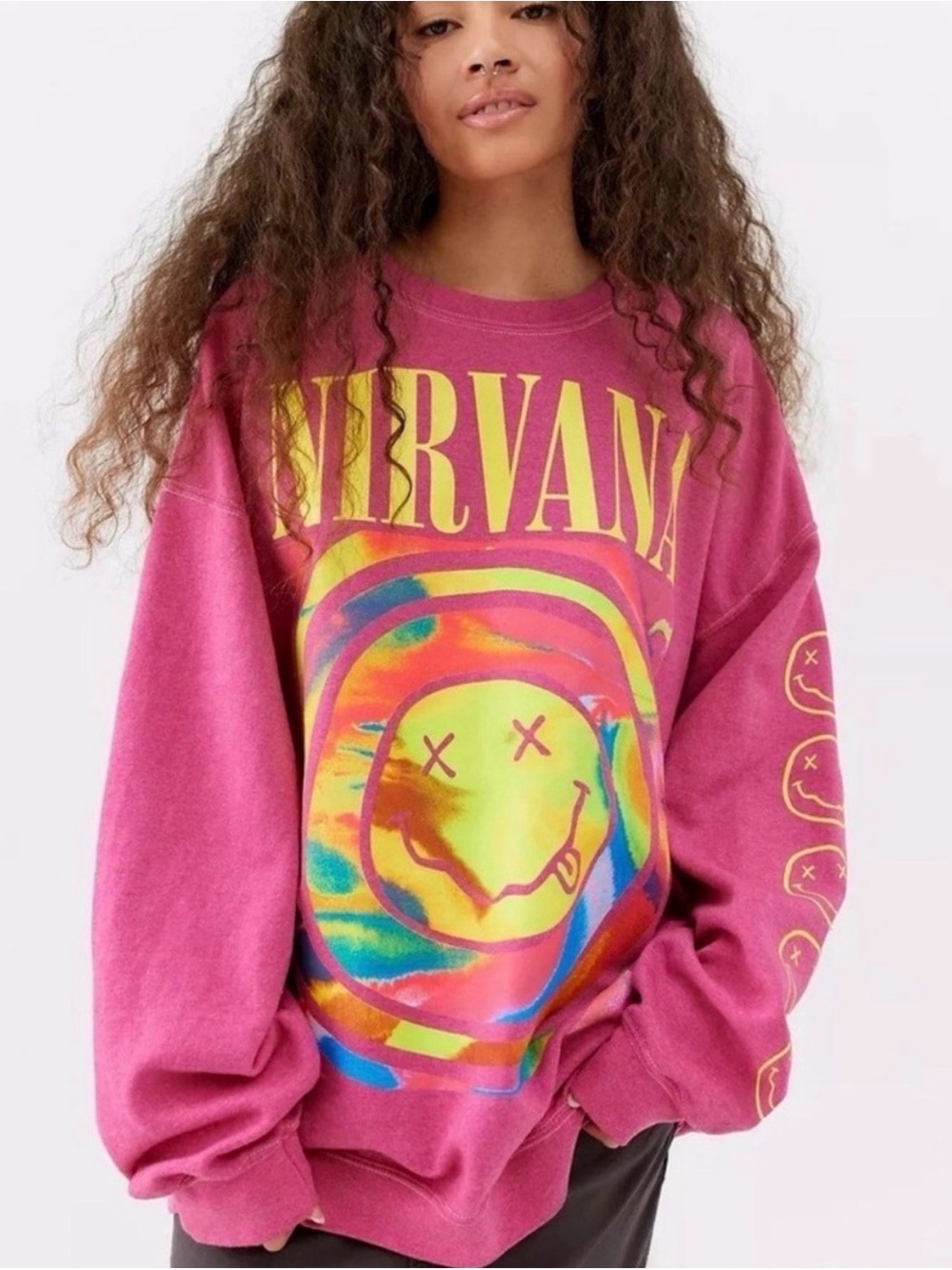 Urban outfitters nirvana oversized pink smiley pullover sweatshirt Small medium